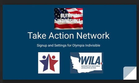 Take Action Network logo plus the words Olympia Indivisible imposed on the American flag and the outline of Washington State with Washington Legislative Action (WILA) set inside the state.