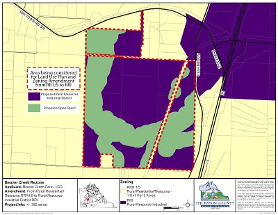 Map of the Beaver Creek riparian area from Littlerock to West Rocky Prairie being rezoned from Rural housing and farms (RRR 1-5) to Rural Industrial use (RRI).