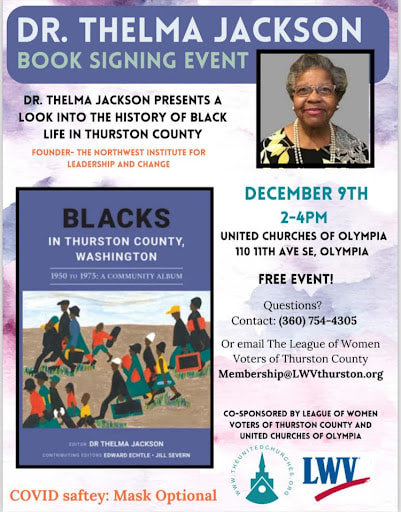  Poster for a League of Women book signing event featuring Dr. Thelma Jackson