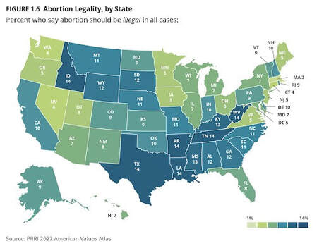 Map of the U.S. color coded to reflect the percent who say abortion should be illegal in all cases.
