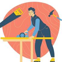 Drawing of a person sawing a board with a saw and hammer in the background