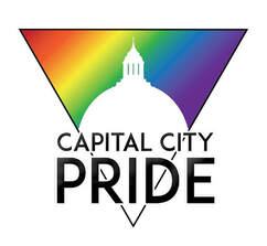 Capital City Pride logo with Olympia Dome over a rainbow triangle