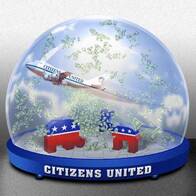 Snow globe with a jet plane displaying Citizens United across it. Showering money down on Democrat and GOP symbols