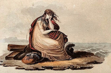 Watercolour, probably depicting Lady Hamilton mourning her lover Lord Horatio Nelson in 1805vvv