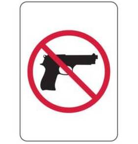 Handgun with a red circle and line across it. Sign meaning weapons not allowed.