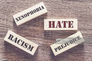  Hate, xenophobia, racism and prejudice words written with tiles on a wooden table