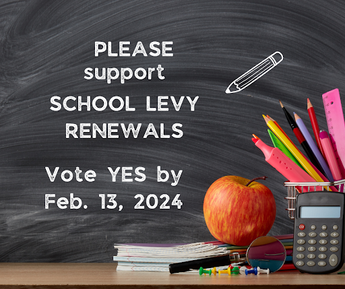 Chalkboard writing asking for support of School Levy on Feb 13,2024