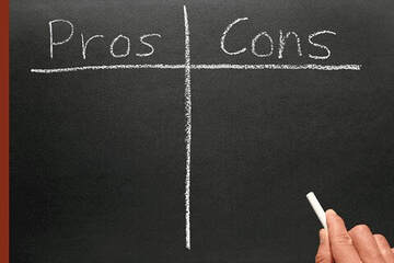 Alt text: Blackboard with Pros on one side and Cons on the other