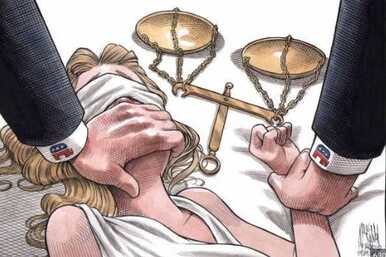A powerful political cartoon depicting the assault of Lady Justice