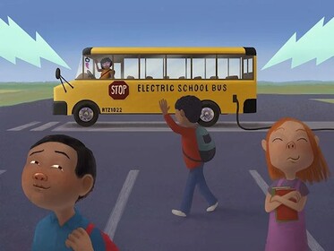 A drawing of an electric school bus with children in the forefront.