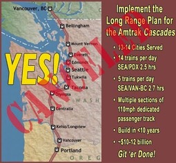 Map showing the planned Amtrak Cascades planned route from Vancouver, B.C. to Portland, OR