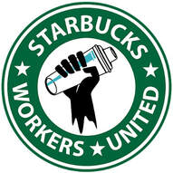 Starbucks Workers United Logo of a black hand holding a coffee inside a green circle. 