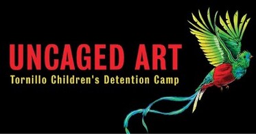 The words “Uncaged Art” next to a Quetzal bird to advertise the art from the Tornillo Children’s Detention Camp.